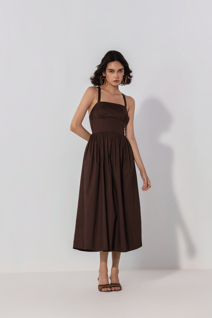 Chocolate Gathered Cotton Silk Midi Dress