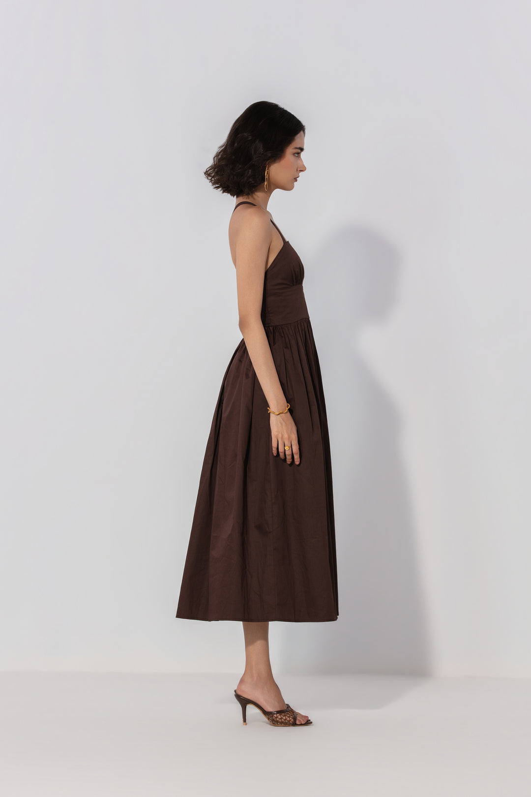 Chocolate Gathered Cotton Silk Midi Dress