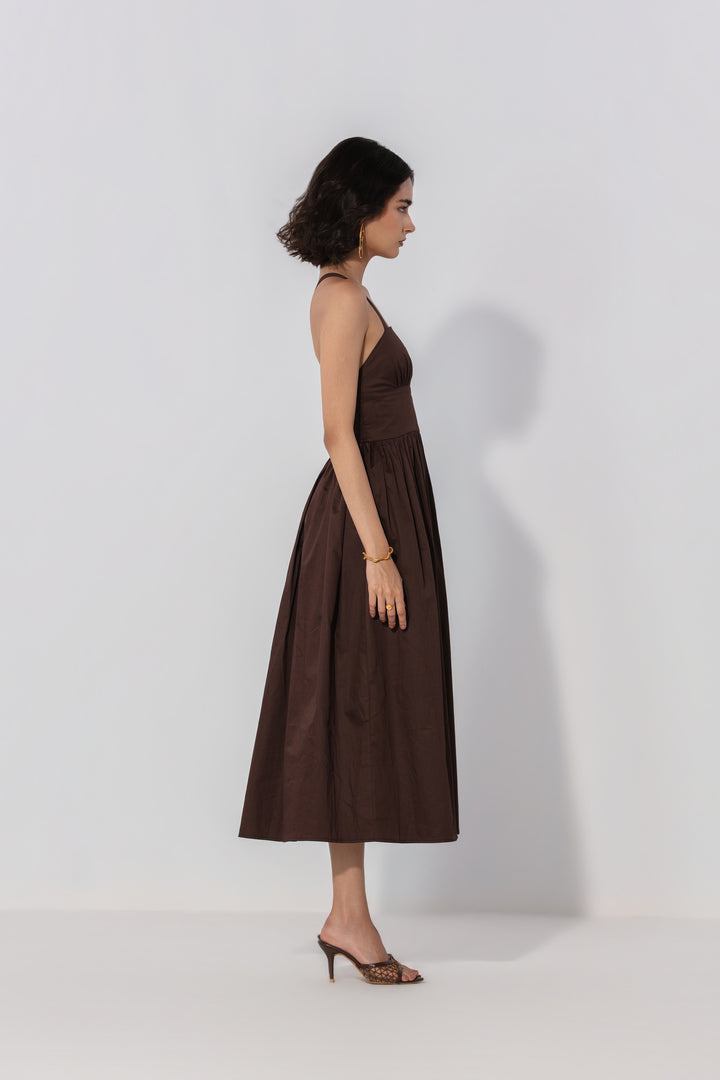 Chocolate Gathered Cotton Silk Midi Dress