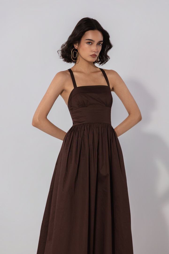 Chocolate Gathered Cotton Silk Midi Dress