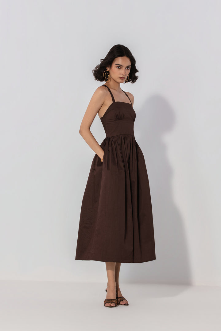Chocolate Gathered Cotton Silk Midi Dress
