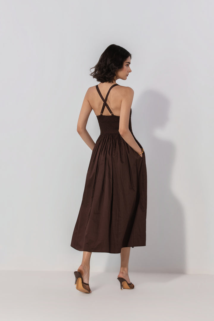 Chocolate Gathered Cotton Silk Midi Dress