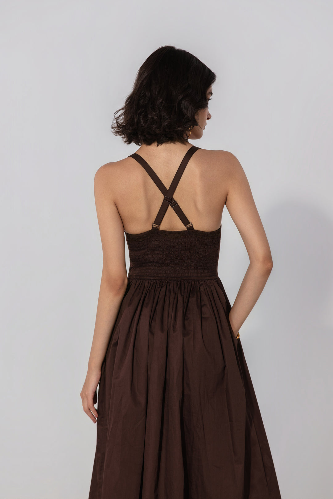 Chocolate Gathered Cotton Silk Midi Dress