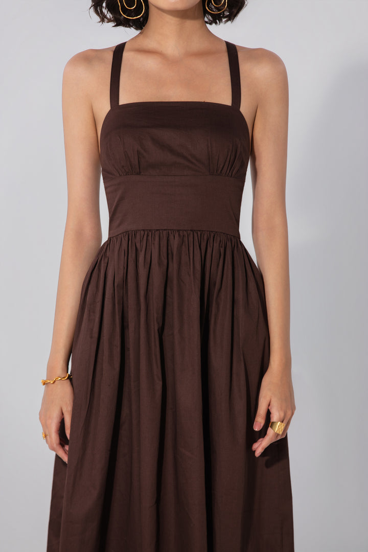 Chocolate Gathered Cotton Silk Midi Dress