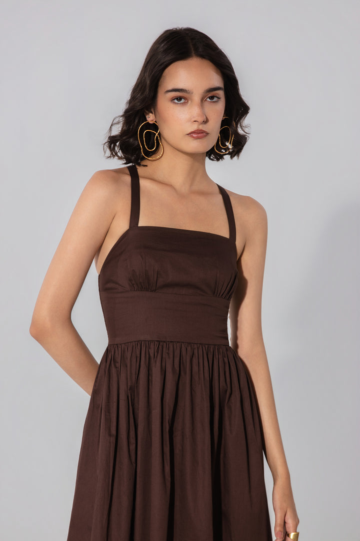 Chocolate Gathered Cotton Silk Midi Dress
