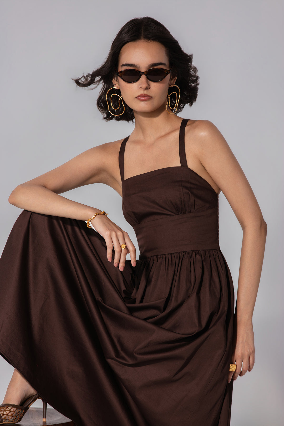 Chocolate Gathered Cotton Silk Midi Dress