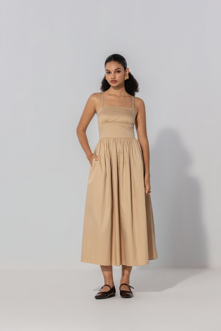 Sand Gathered Cotton Silk Midi Dress