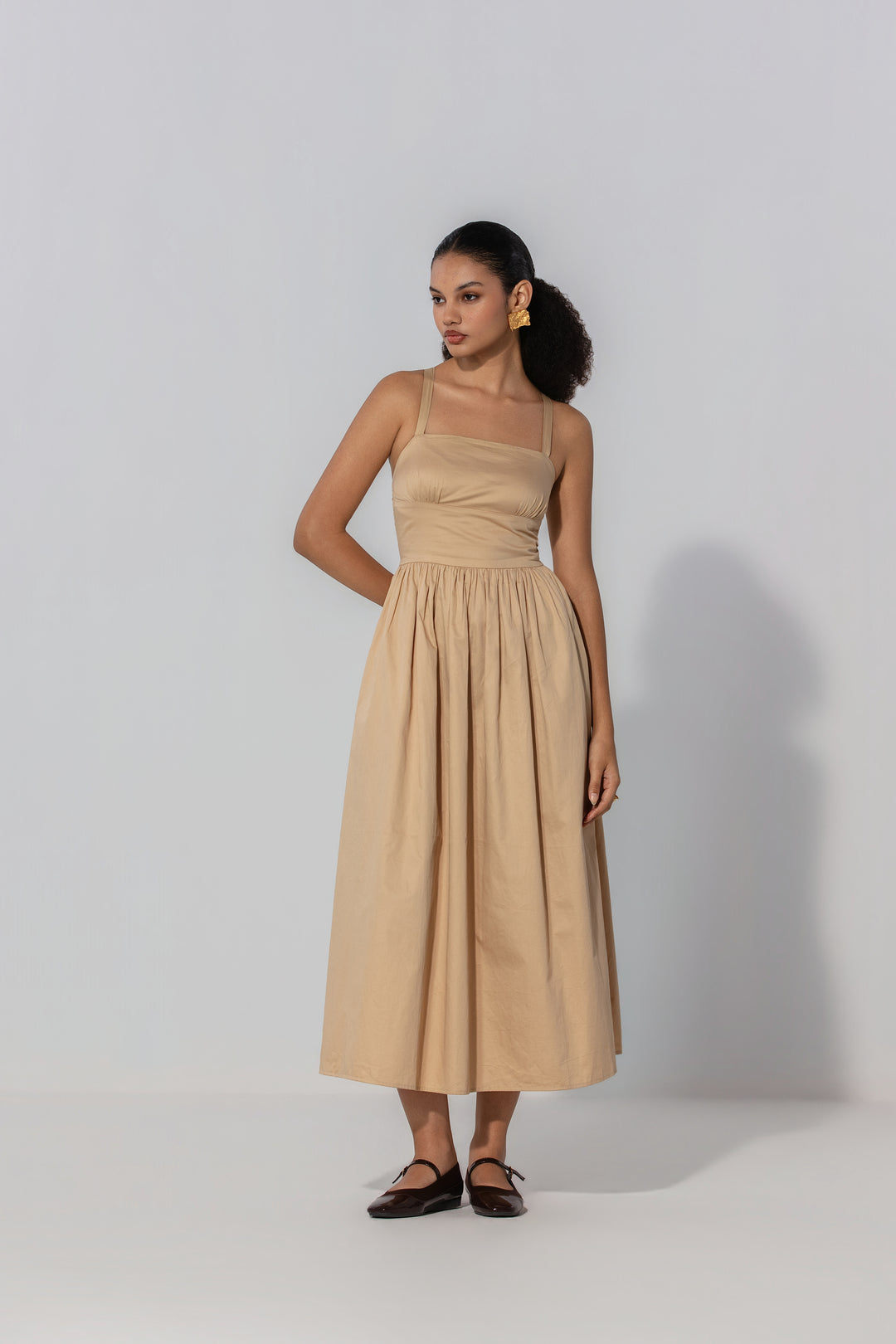 Sand Gathered Cotton Silk Midi Dress – thr3letter