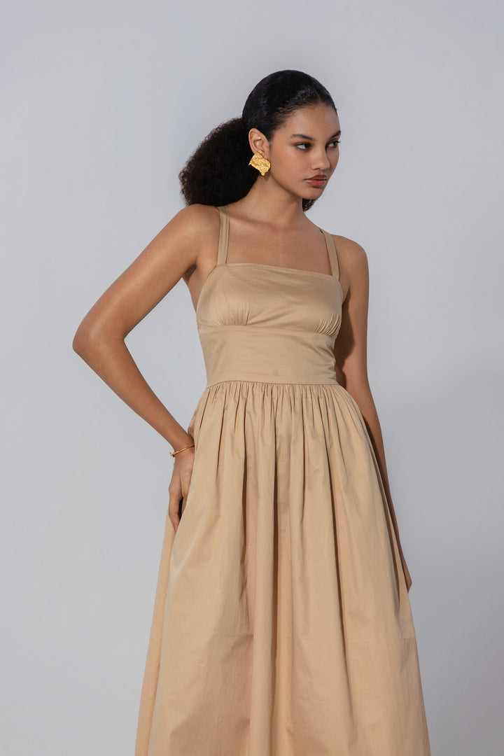Sand Gathered Cotton Silk Midi Dress