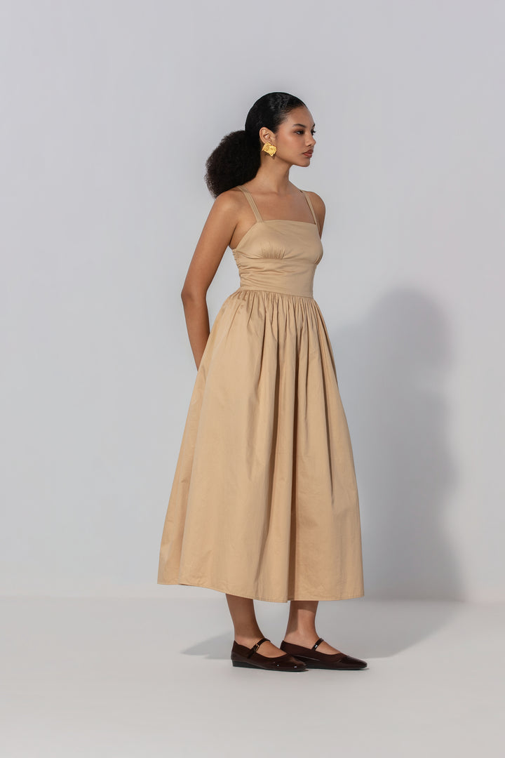 Sand Gathered Cotton Silk Midi Dress
