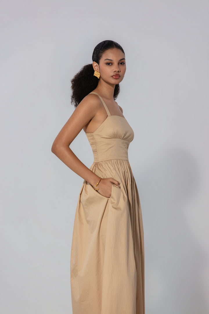 Sand Gathered Cotton Silk Midi Dress
