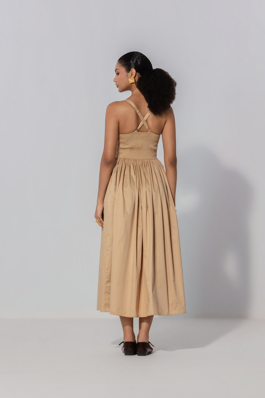 Sand Gathered Cotton Silk Midi Dress
