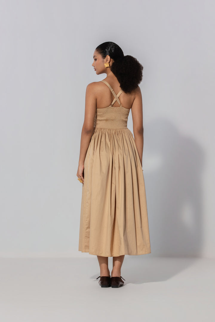 Sand Gathered Cotton Silk Midi Dress