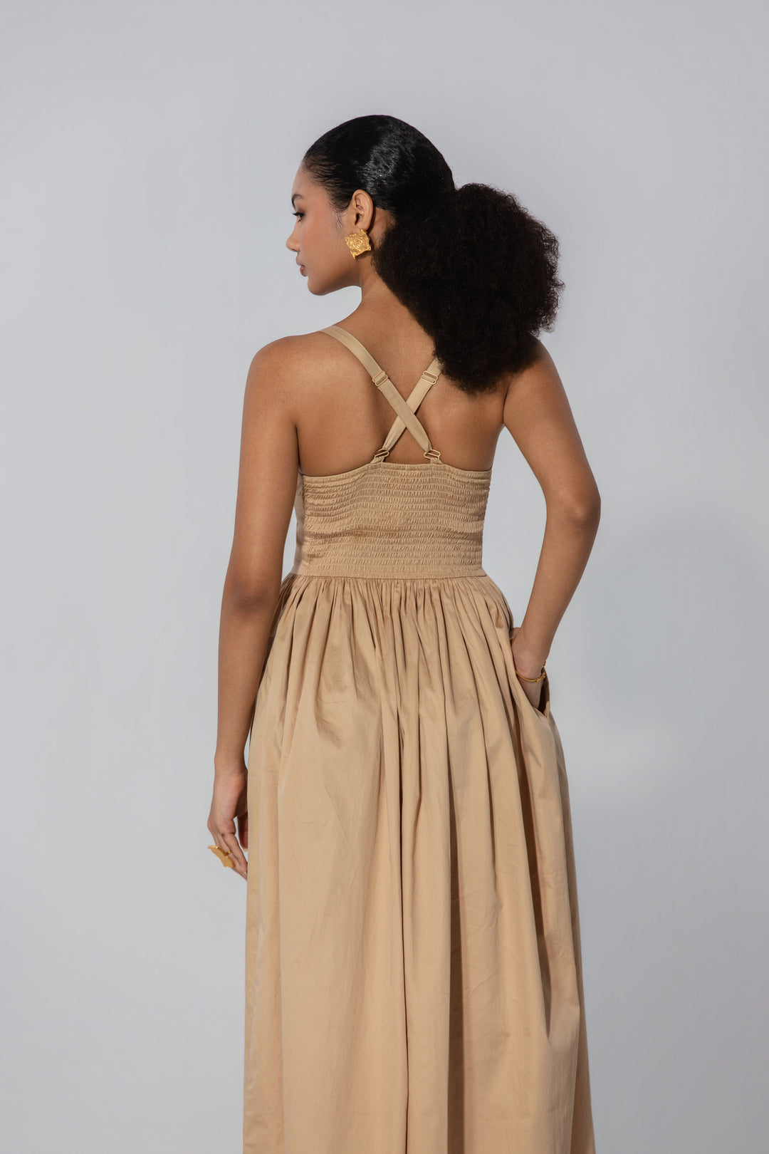 Sand Gathered Cotton Silk Midi Dress