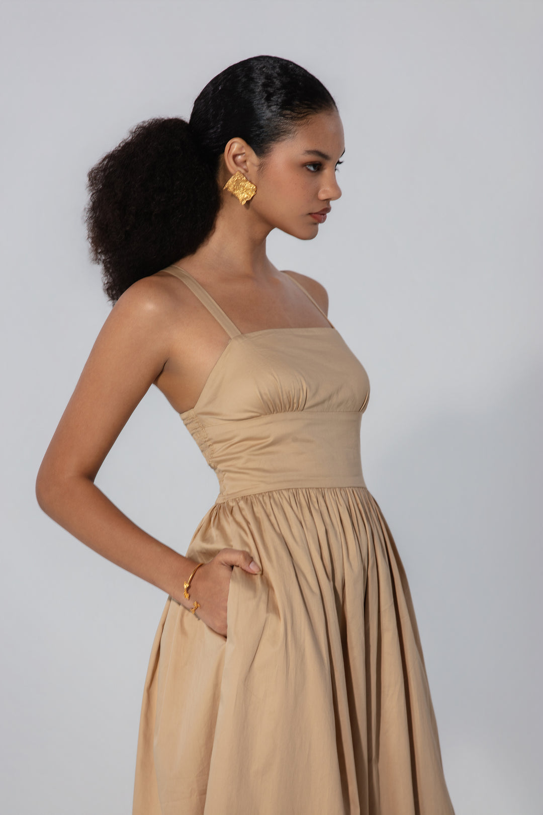 Sand Gathered Cotton Silk Midi Dress