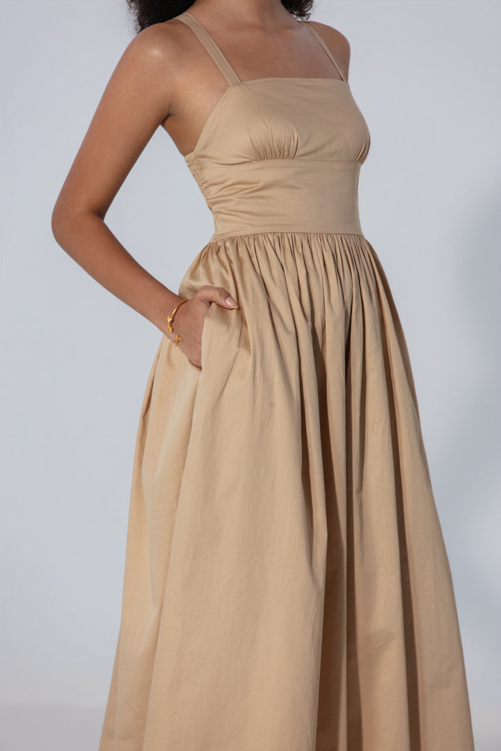 Sand Gathered Cotton Silk Midi Dress