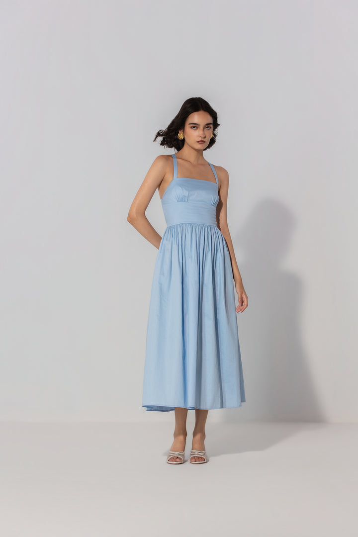 Sky Gathered Cotton Silk Midi Dress