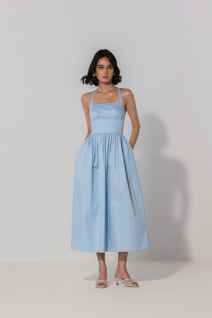 Sky Gathered Cotton Silk Midi Dress