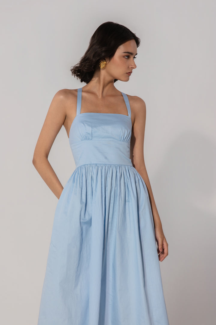 Sky Gathered Cotton Silk Midi Dress