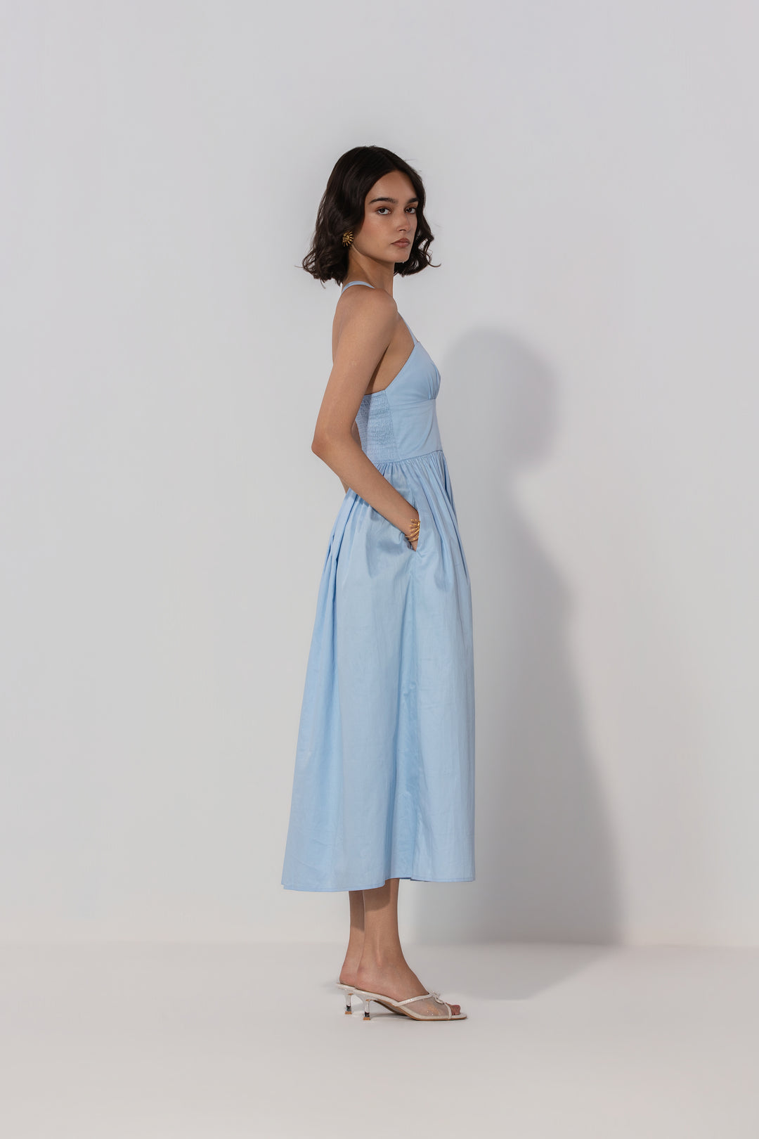 Sky Gathered Cotton Silk Midi Dress