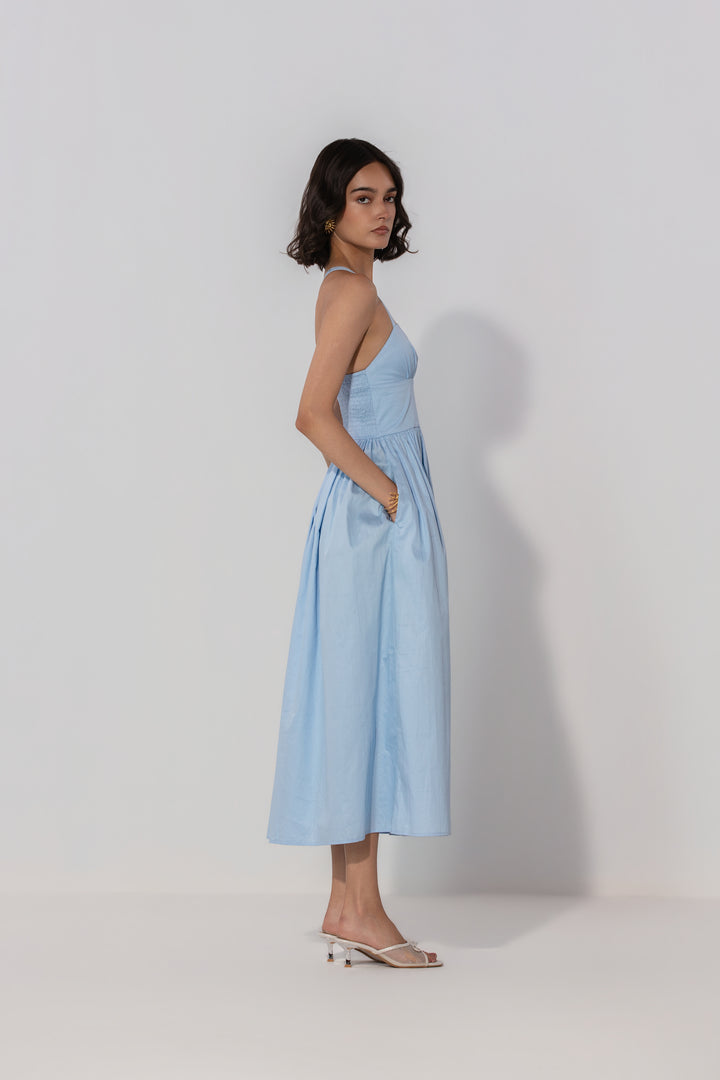 Sky Gathered Cotton Silk Midi Dress
