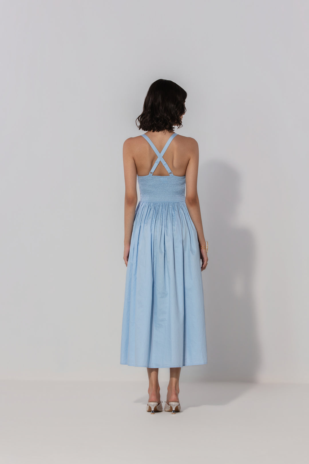 Sky Gathered Cotton Silk Midi Dress