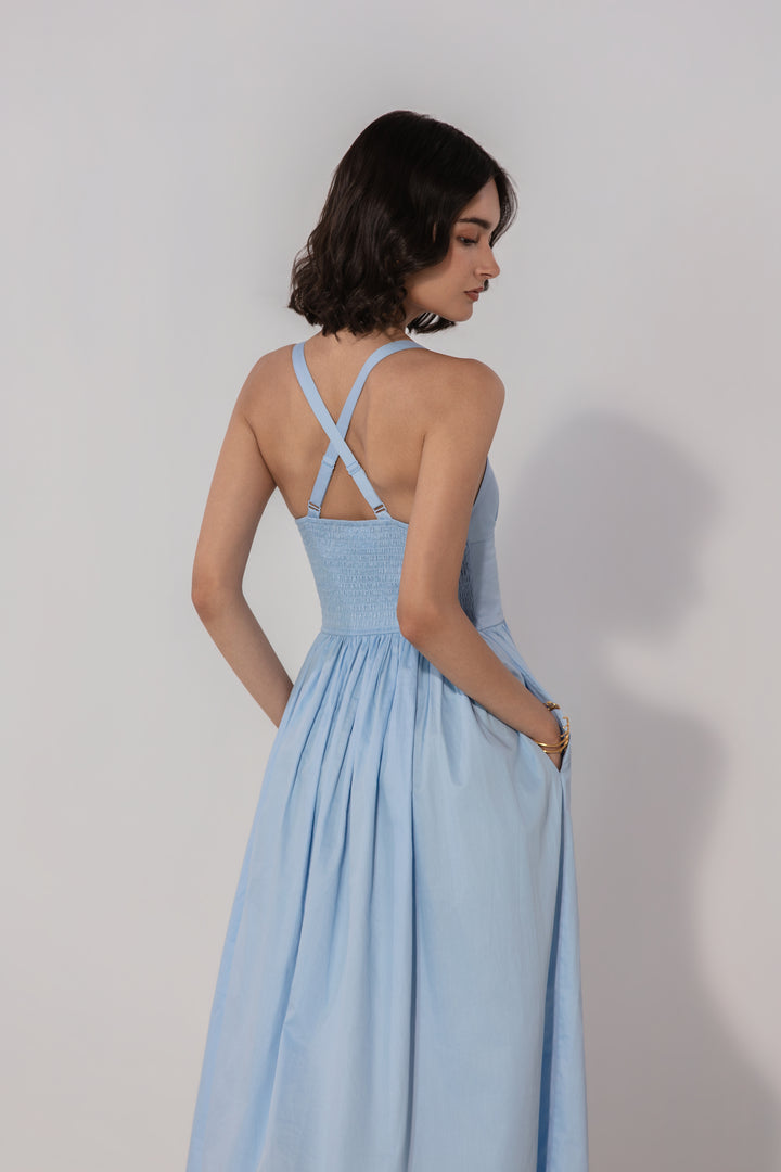 Sky Gathered Cotton Silk Midi Dress