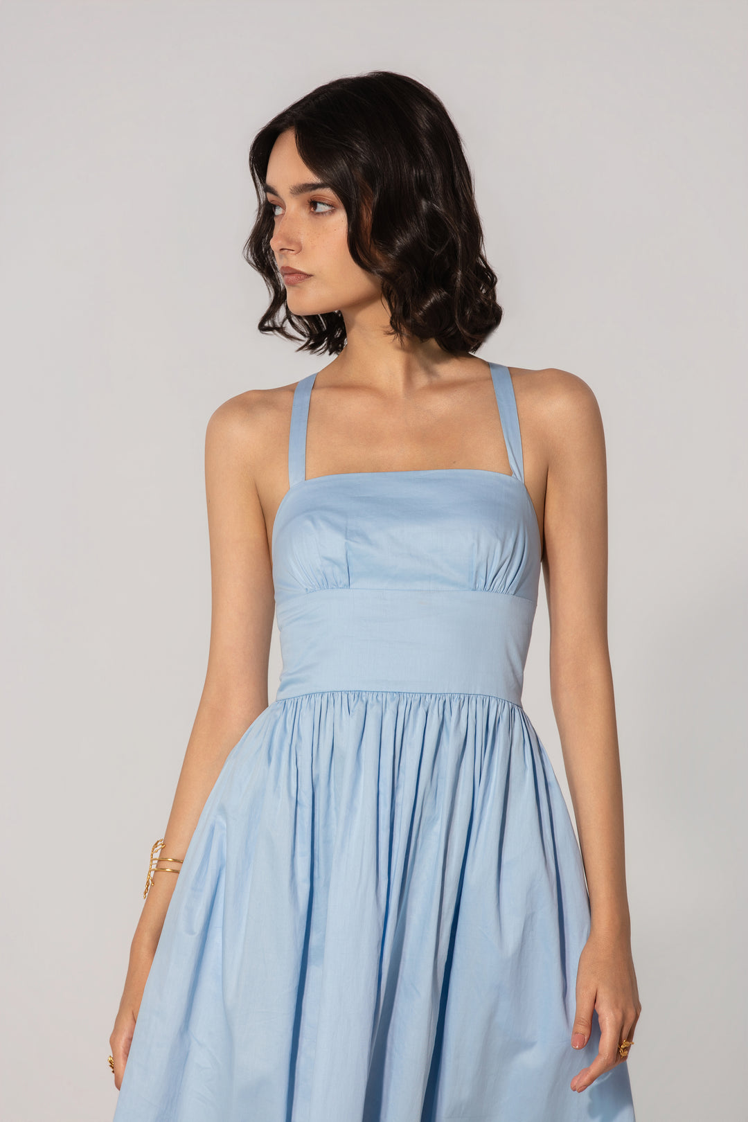 Sky Gathered Cotton Silk Midi Dress
