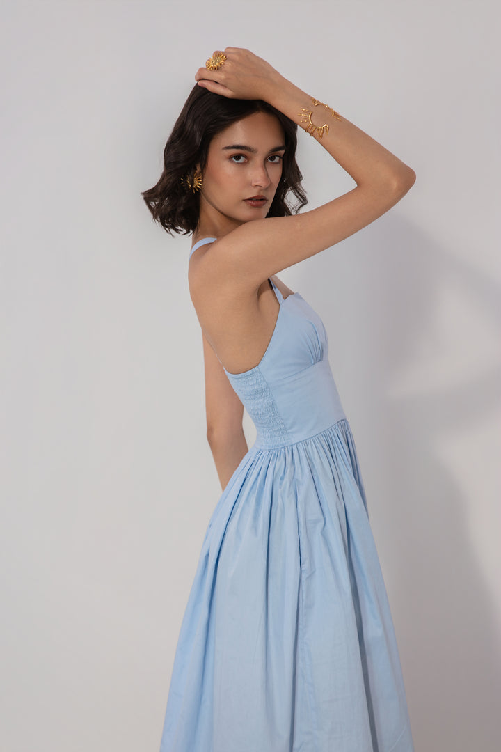 Sky Gathered Cotton Silk Midi Dress