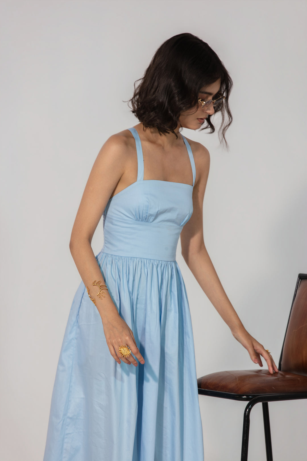 Sky Gathered Cotton Silk Midi Dress