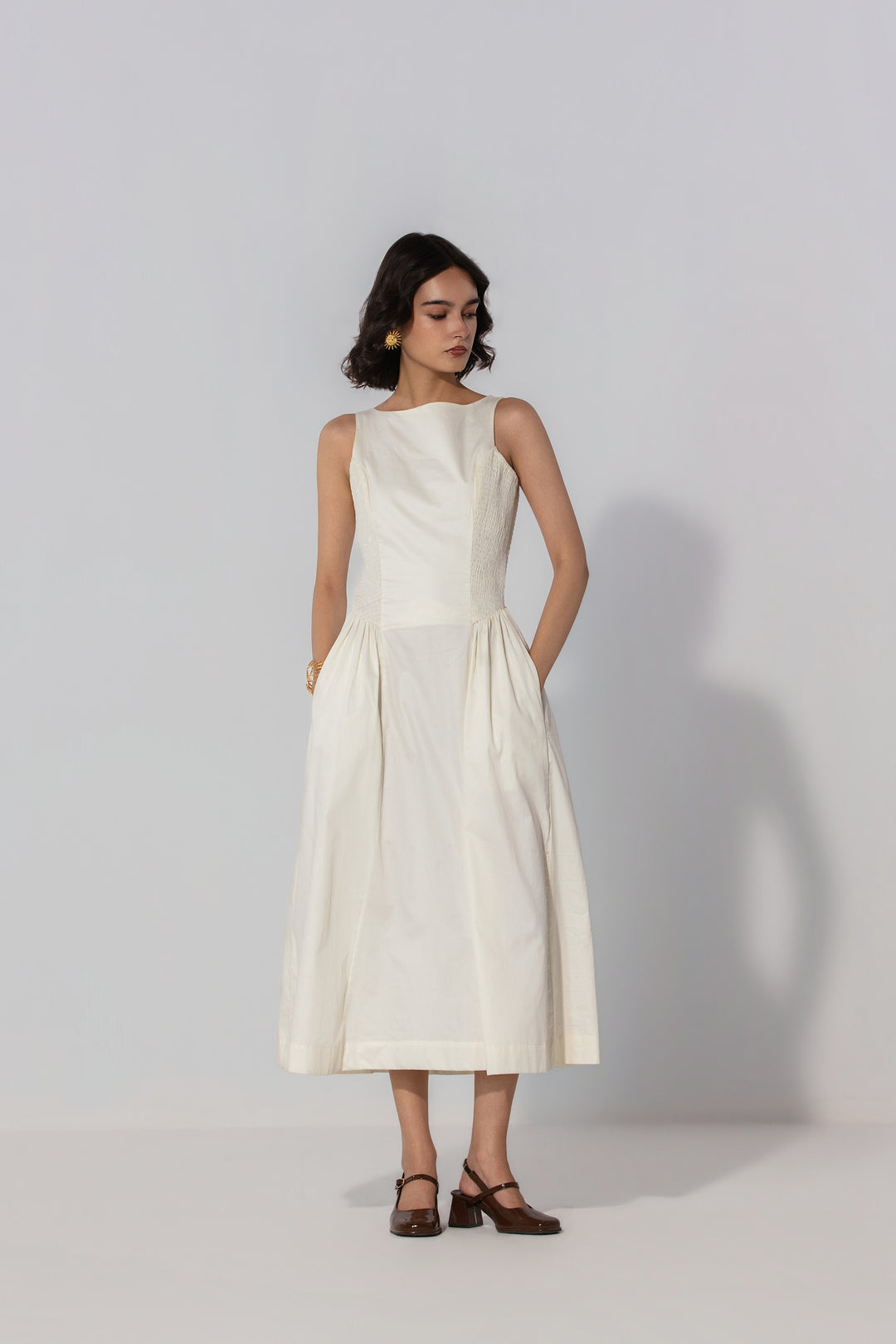 Ivory Shirred Panel Maxi Dress