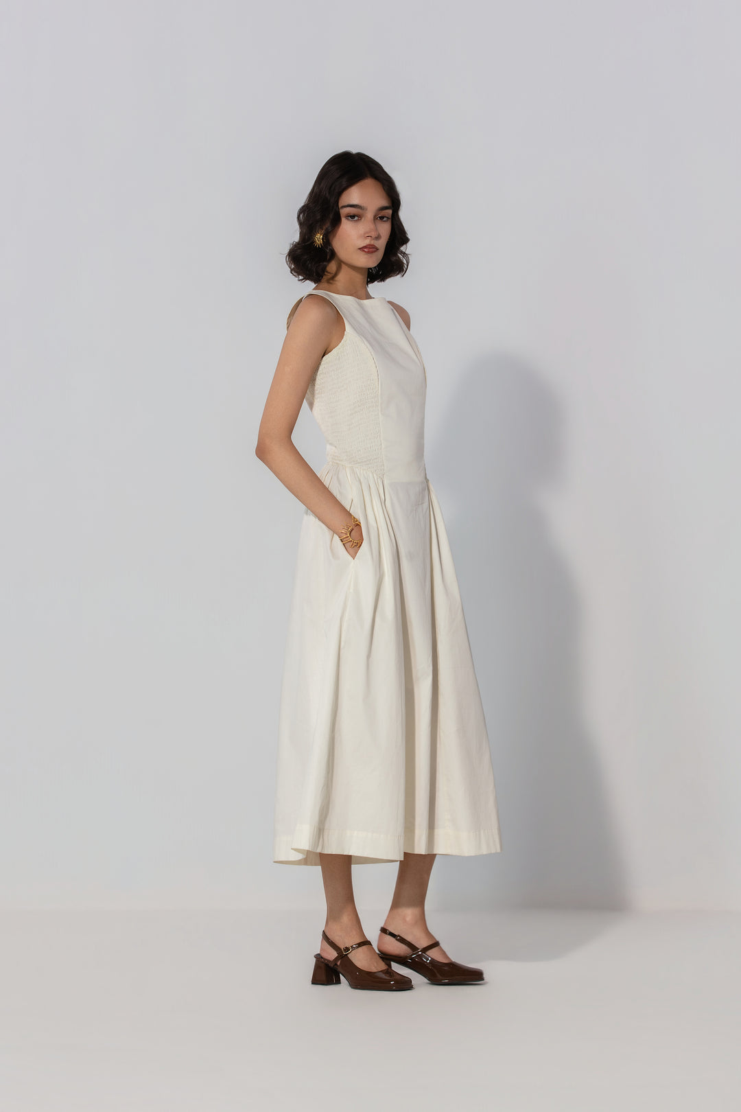 Ivory Shirred Panel Maxi Dress