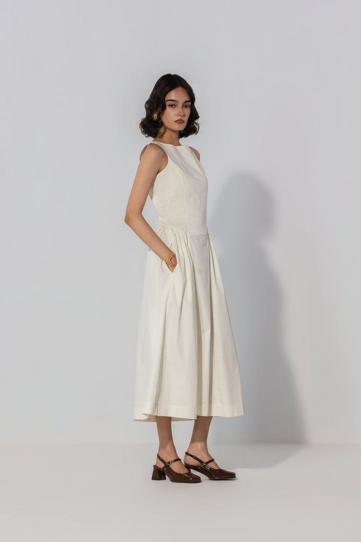 Ivory Shirred Panel Maxi Dress