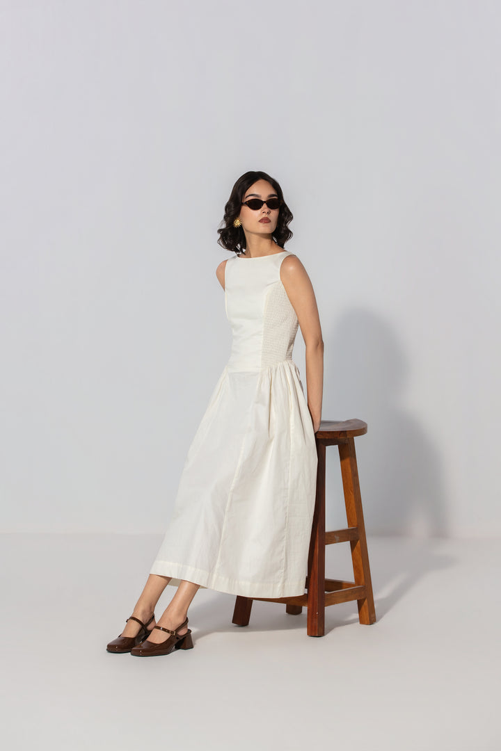 Ivory Shirred Panel Maxi Dress