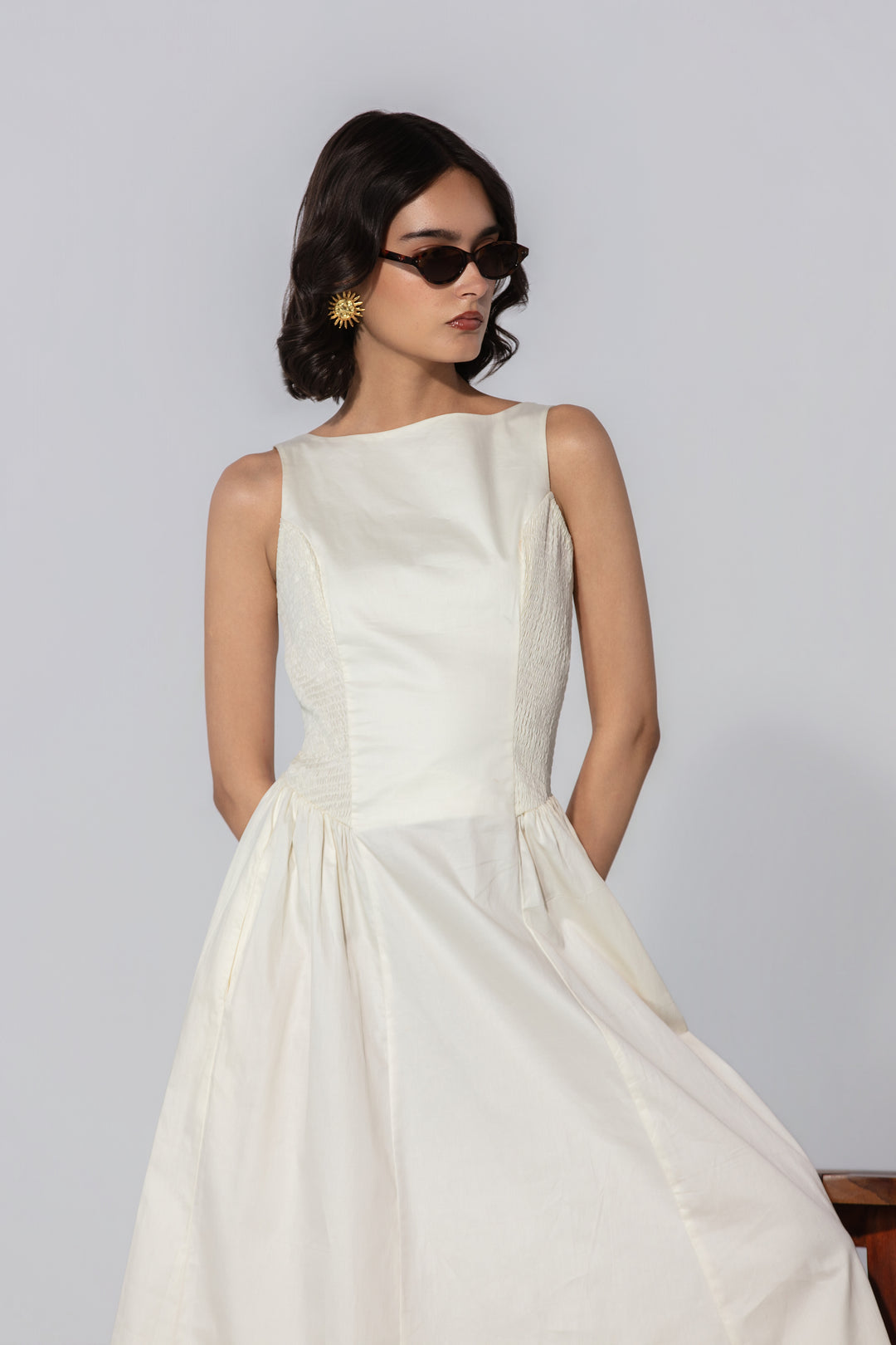 Ivory Shirred Panel Maxi Dress
