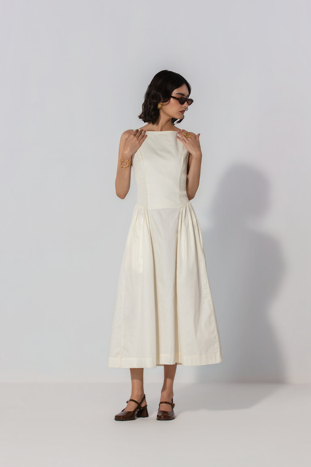 Ivory Shirred Panel Maxi Dress