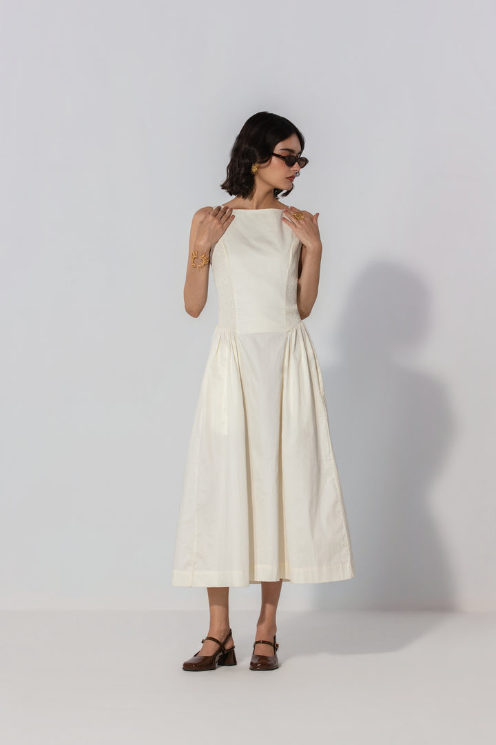 Ivory Shirred Panel Maxi Dress