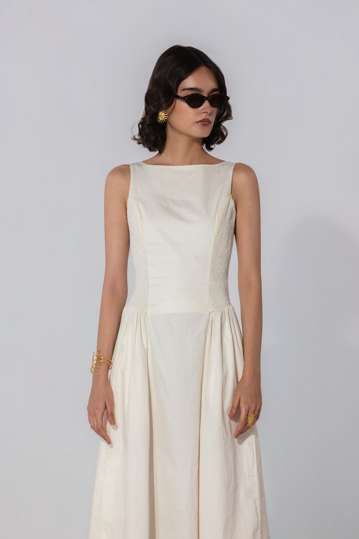 Ivory Shirred Panel Maxi Dress