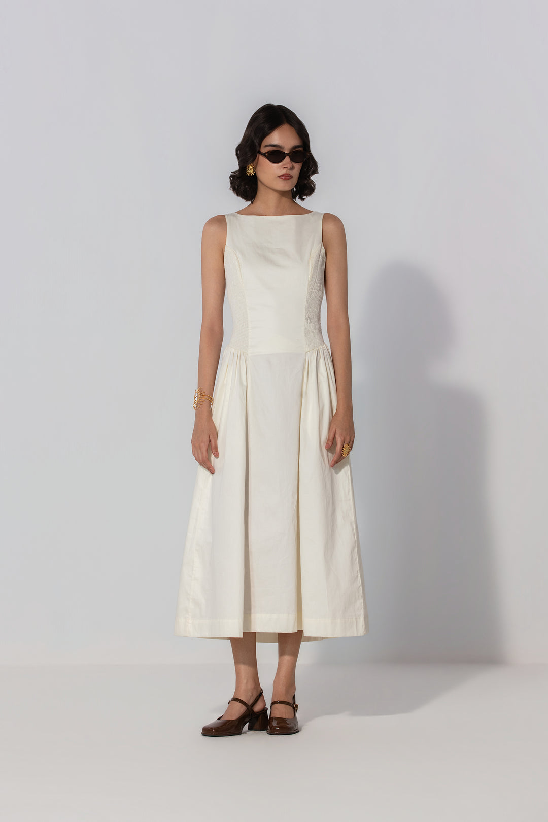 Ivory Shirred Panel Maxi Dress