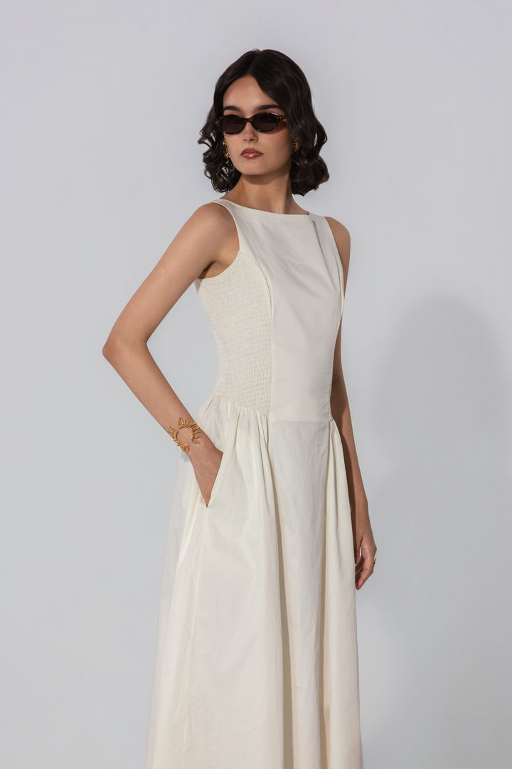Ivory Shirred Panel Maxi Dress
