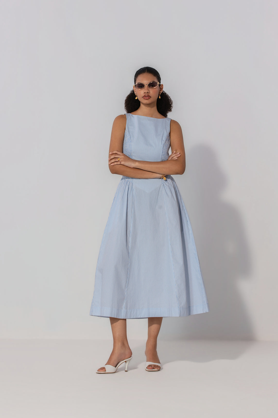 Sky Stripe Shirred Panel Maxi Dress