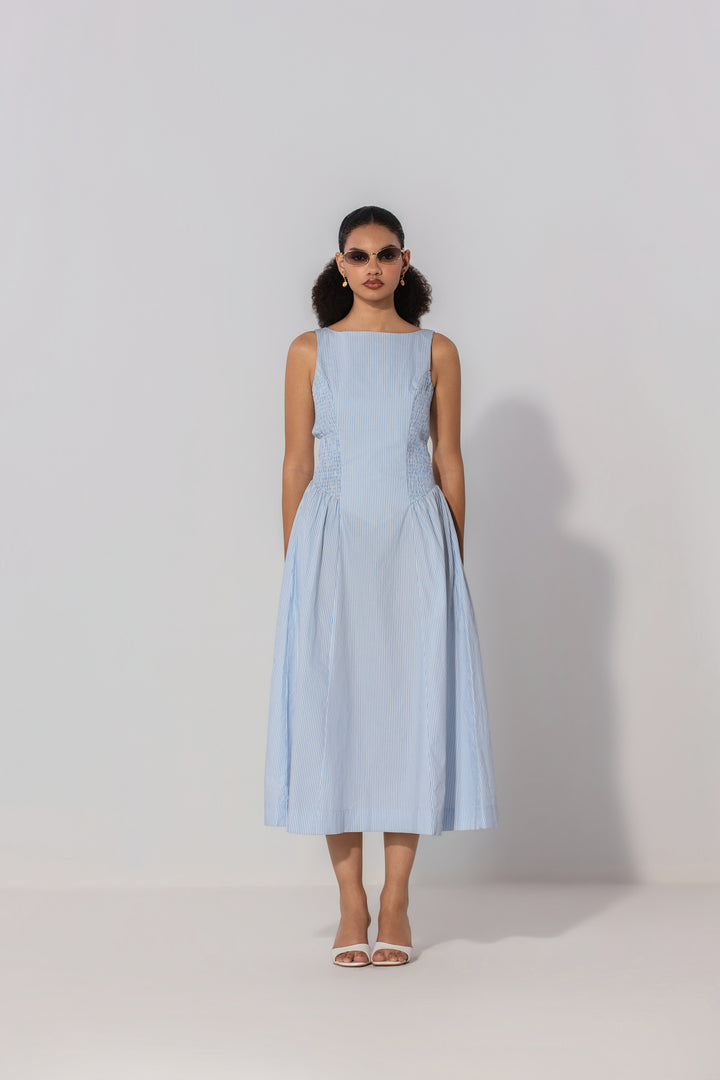 Sky Stripe Shirred Panel Maxi Dress