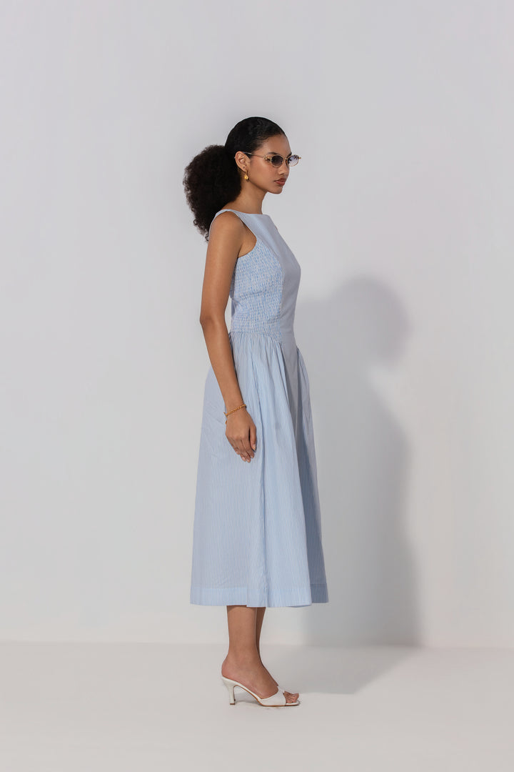 Sky Stripe Shirred Panel Maxi Dress