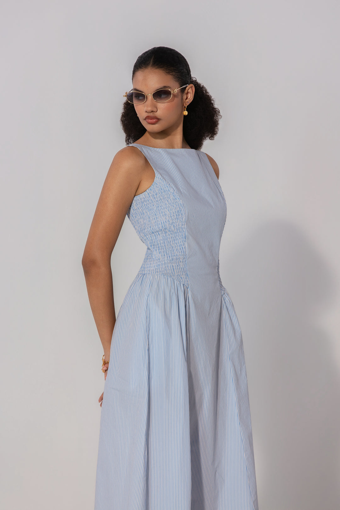 Sky Stripe Shirred Panel Maxi Dress