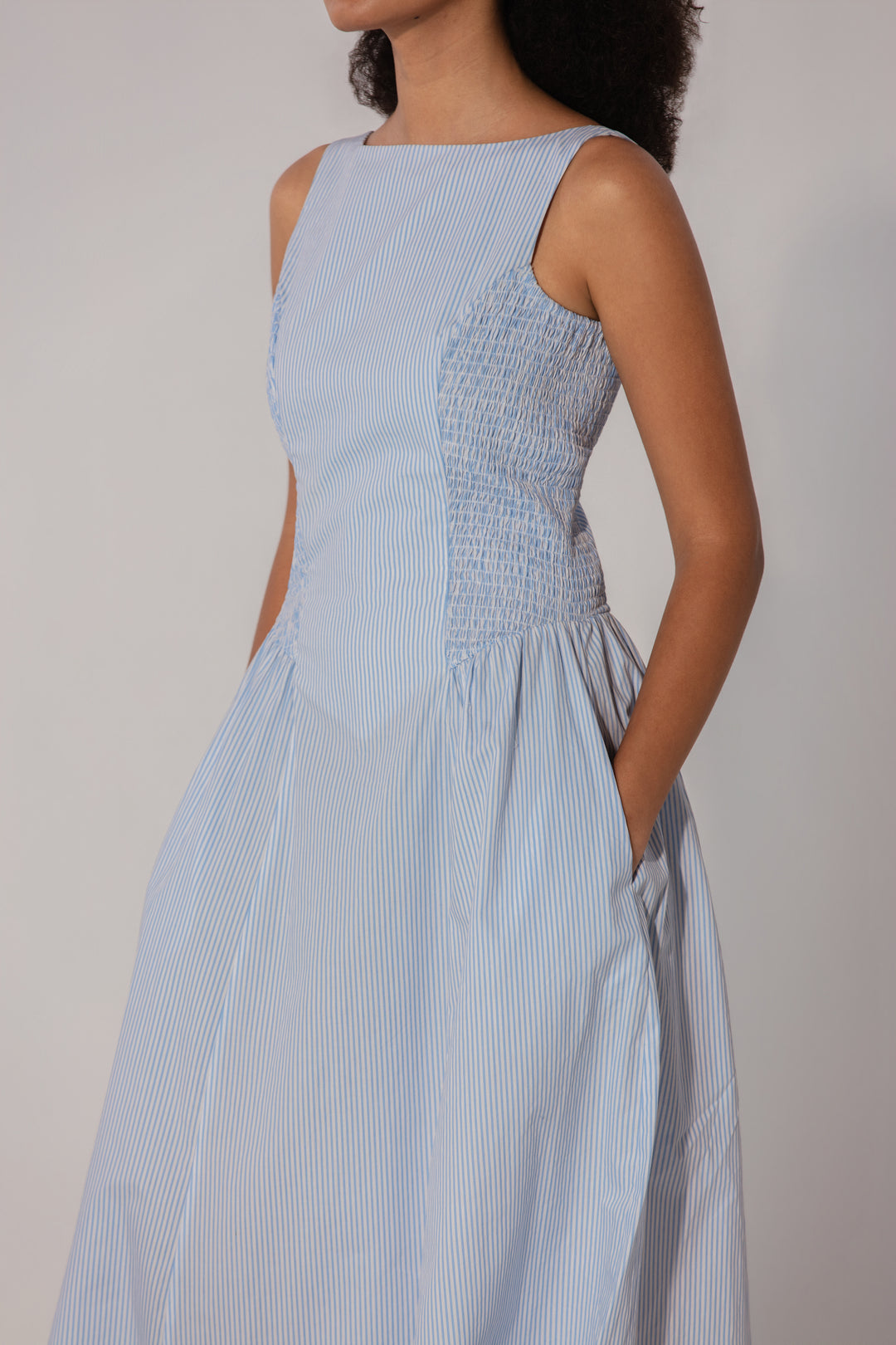 Sky Stripe Shirred Panel Maxi Dress