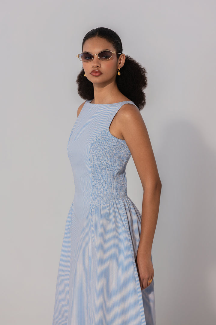 Sky Stripe Shirred Panel Maxi Dress