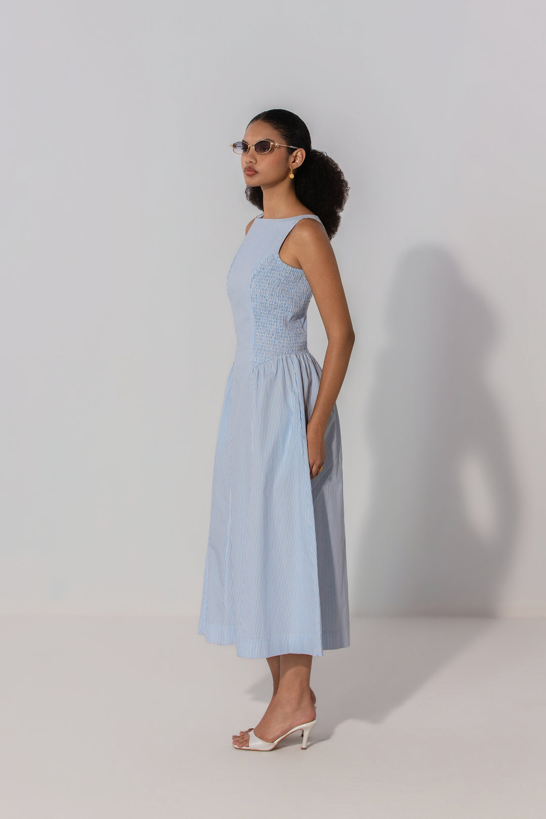 Sky Stripe Shirred Panel Maxi Dress
