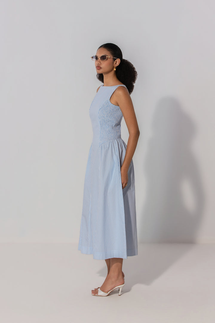 Sky Stripe Shirred Panel Maxi Dress