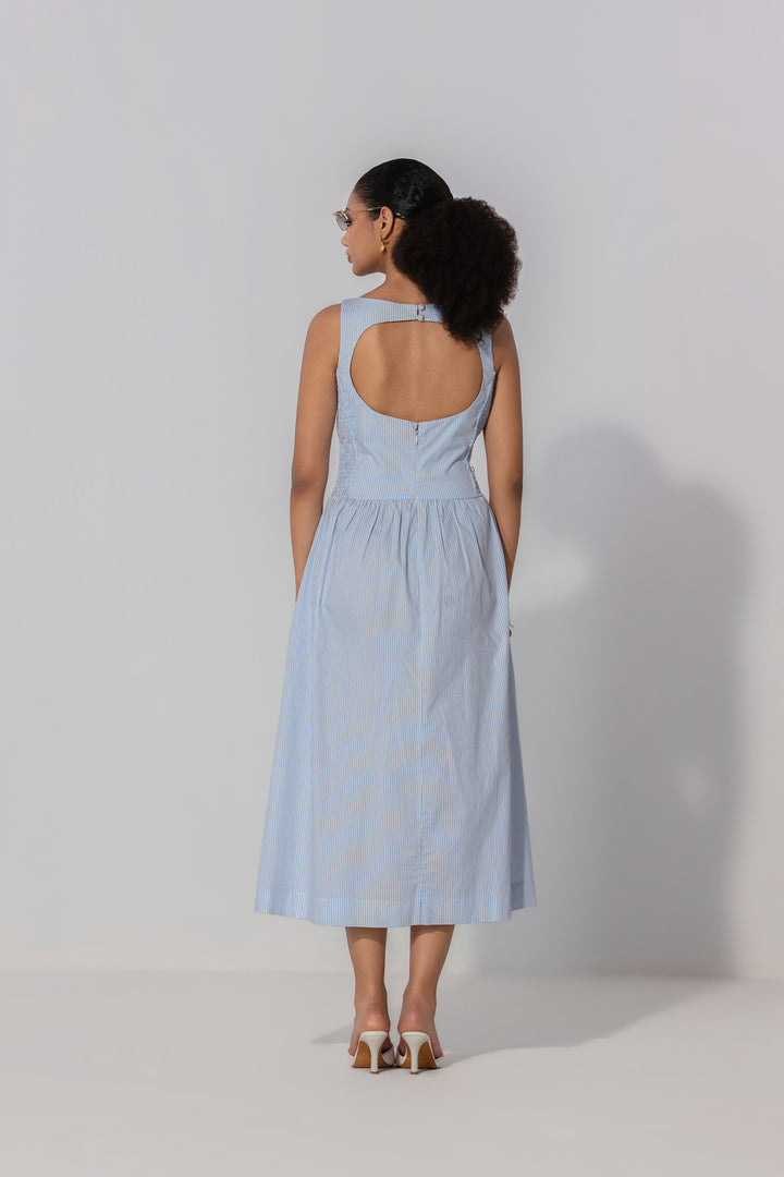 Sky Stripe Shirred Panel Maxi Dress