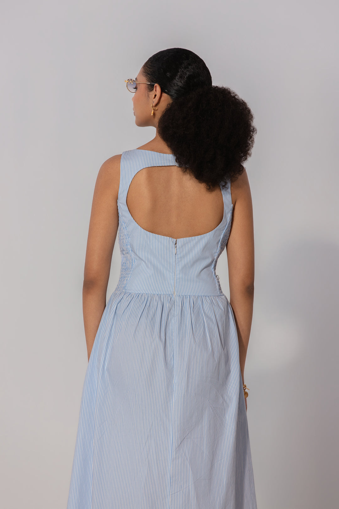 Sky Stripe Shirred Panel Maxi Dress